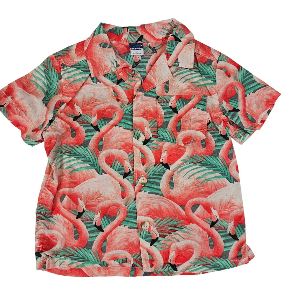Baby Old Navy Flamingo Tropical Shirt 18-24M Button Up Stretchtech Short Sleeve